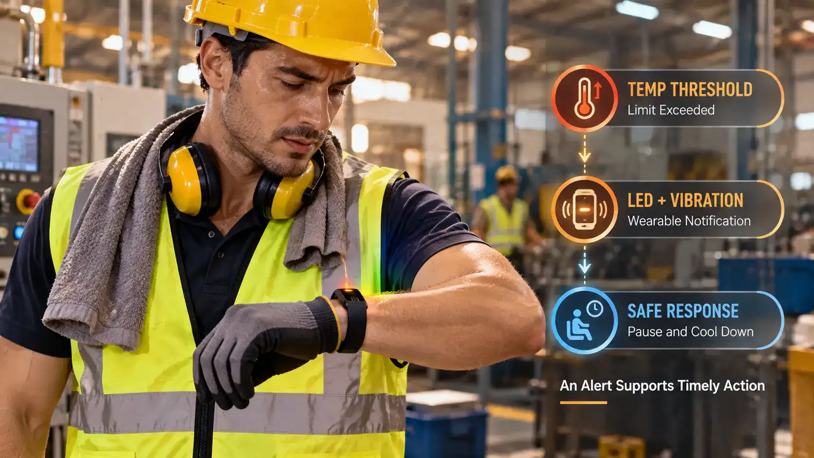 Response Factory worker responding to a high temp warning band LED and vibration alert. Response Factory worker responding to a high temp warning band LED and vibration alert.