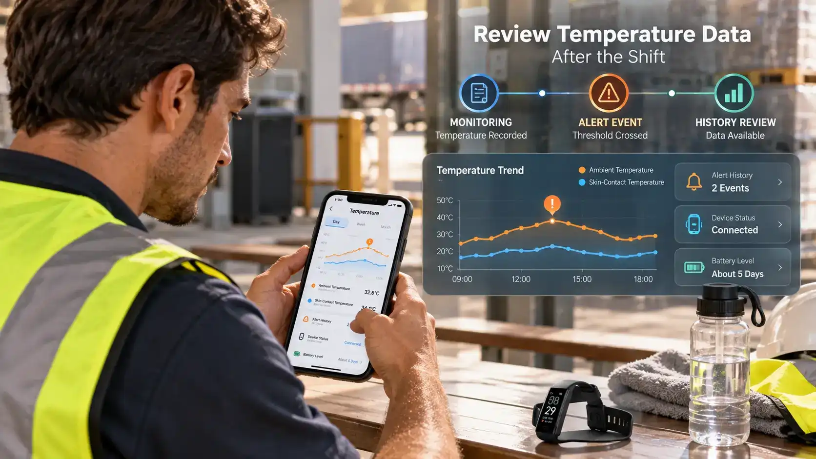 Worker reviewing high temp warning band temperature history and alert records on a smartphone.