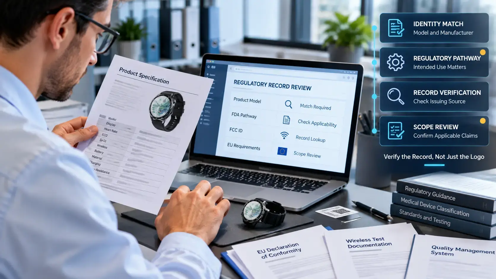 Compliance specialist verifying ECG SpO2 smartwatch certification documents and regulatory records.