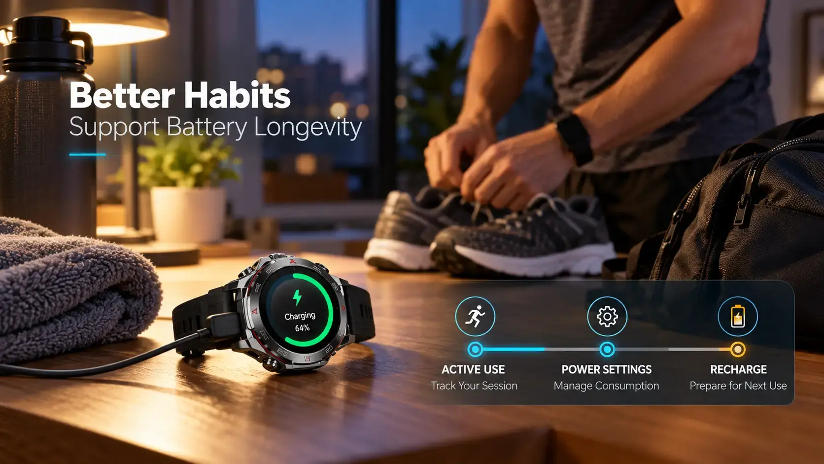 Sports smartwatch connected to a magnetic charger beside running equipment. Sports smartwatch connected to a magnetic charger beside running equipment.