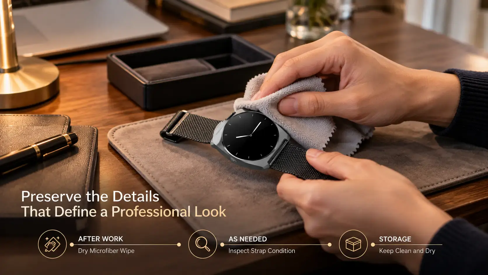 Professional business smartwatch with a genuine leather strap being cleaned with a dry microfiber cloth.