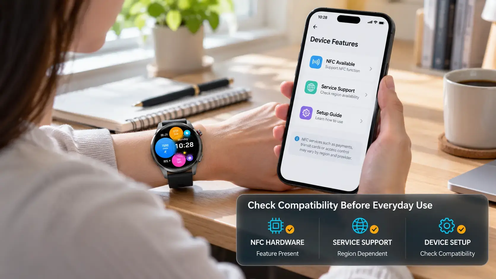 NFC enabled smartwatch positioned near a compatible reader to demonstrate short-range communication. NFC enabled smartwatch positioned near a compatible reader to demonstrate short-range communication.