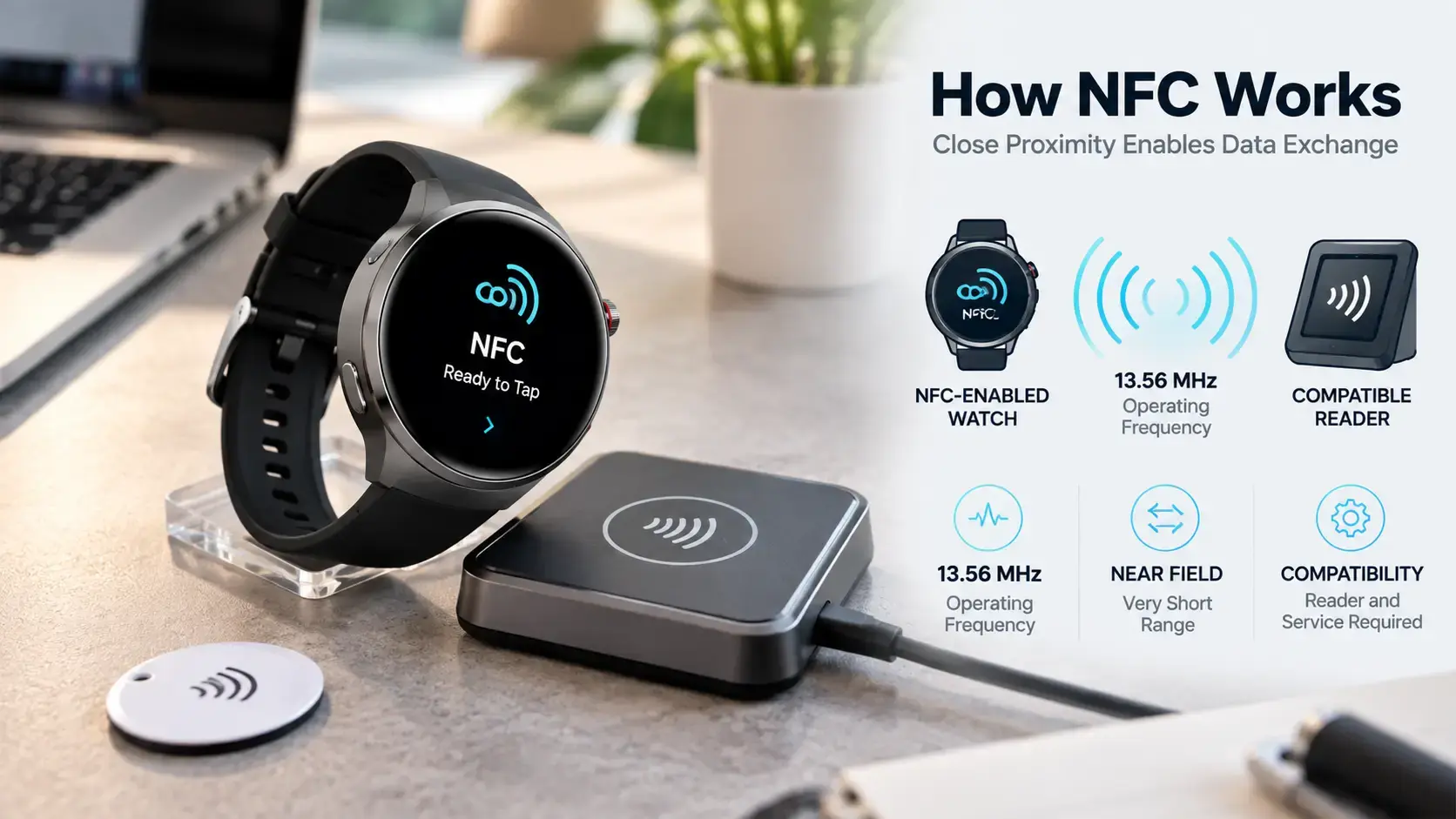User checking NFC smartwatch features and service compatibility on a smartphone. User checking NFC smartwatch features and service compatibility on a smartphone.