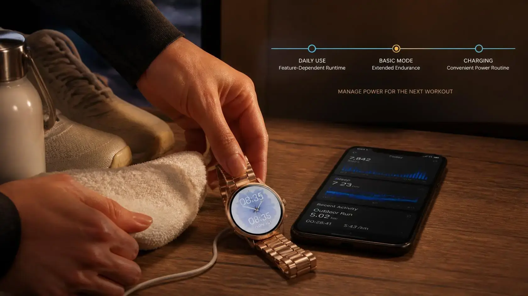 Athlete charging an endurance smartwatch and reviewing daily activity data after training. Athlete charging an endurance smartwatch and reviewing daily activity data after training.
