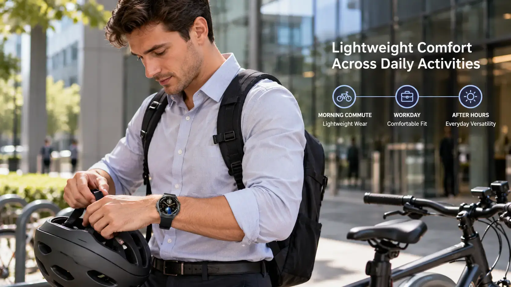 Office commuter wearing a lightweight aluminum smartwatch after cycling to work. Office commuter wearing a lightweight aluminum smartwatch after cycling to work.