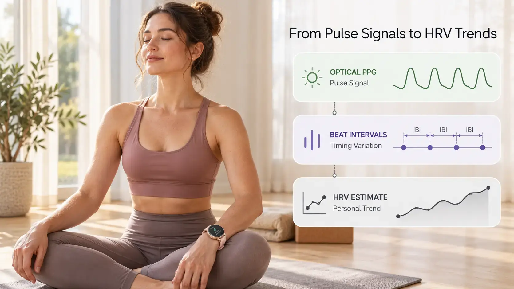 Woman resting after yoga while a smartwatch collects pulse data for HRV trend analysis.