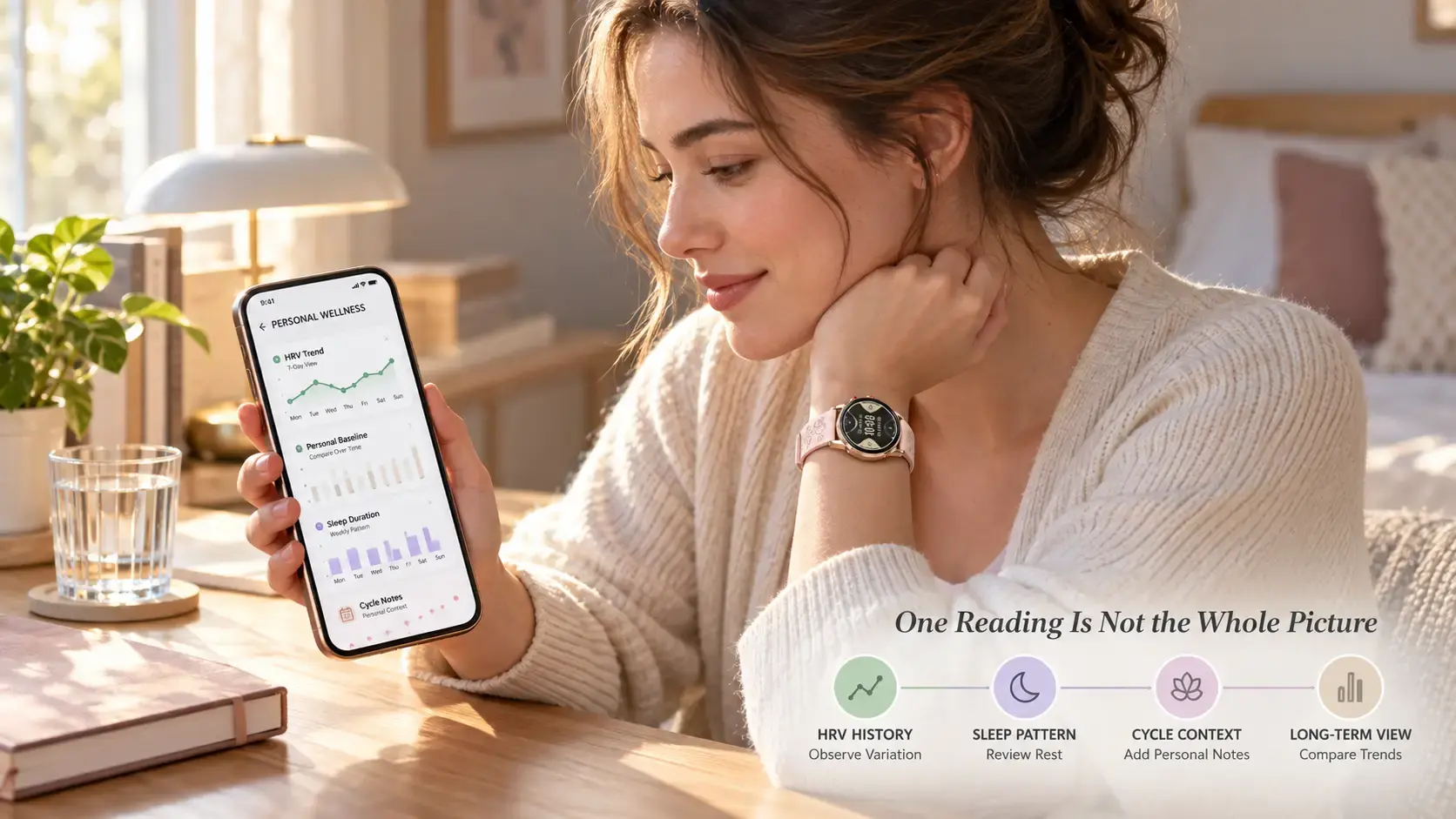 Woman reviewing HRV, sleep and menstrual cycle trends in a smartwatch companion app at home.