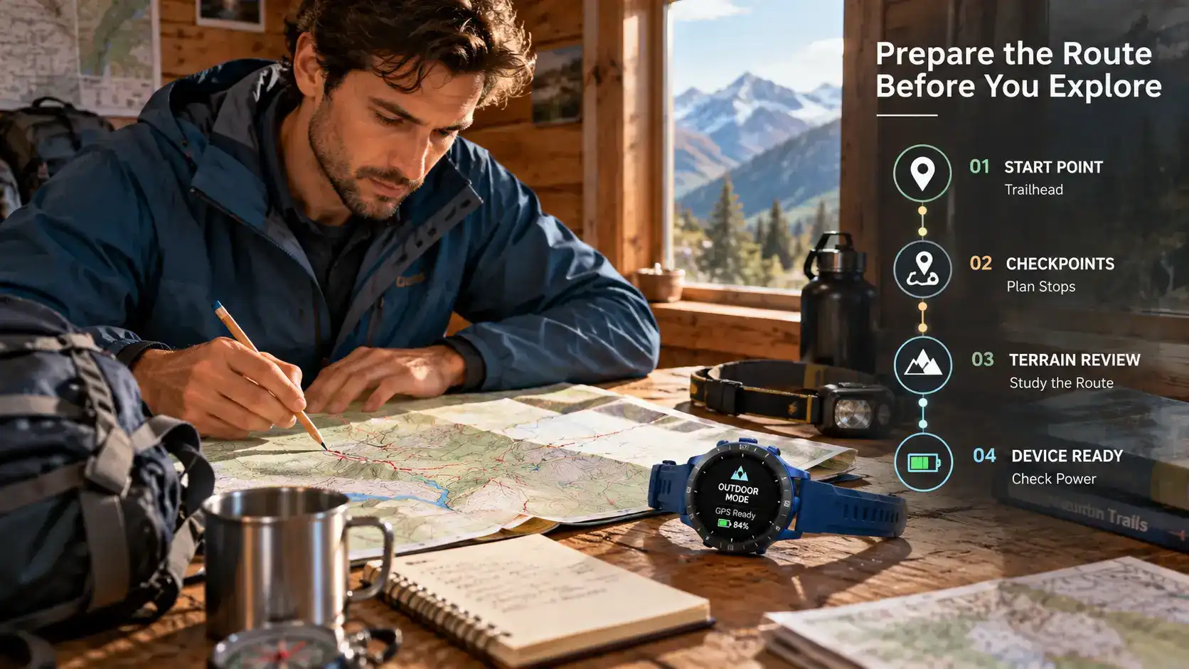 Hiker planning a mountain route with a topographic map and GPS outdoor smartwatch before departure. Hiker planning a mountain route with a topographic map and GPS outdoor smartwatch before departure.