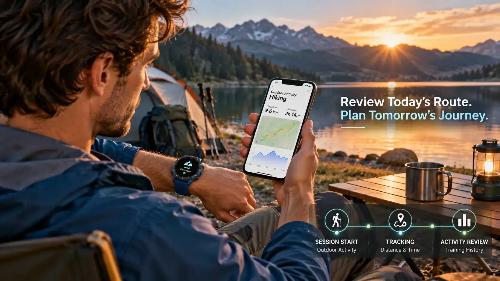 Hiker reviewing GPS smartwatch activity data on a smartphone after a mountain hike.