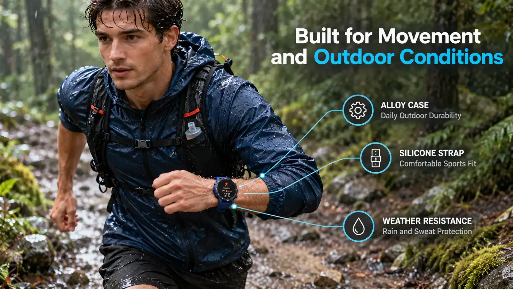 Trail runner wearing a GPS outdoor smartwatch on a damp forest path after rainfall. Trail runner wearing a GPS outdoor smartwatch on a damp forest path after rainfall.