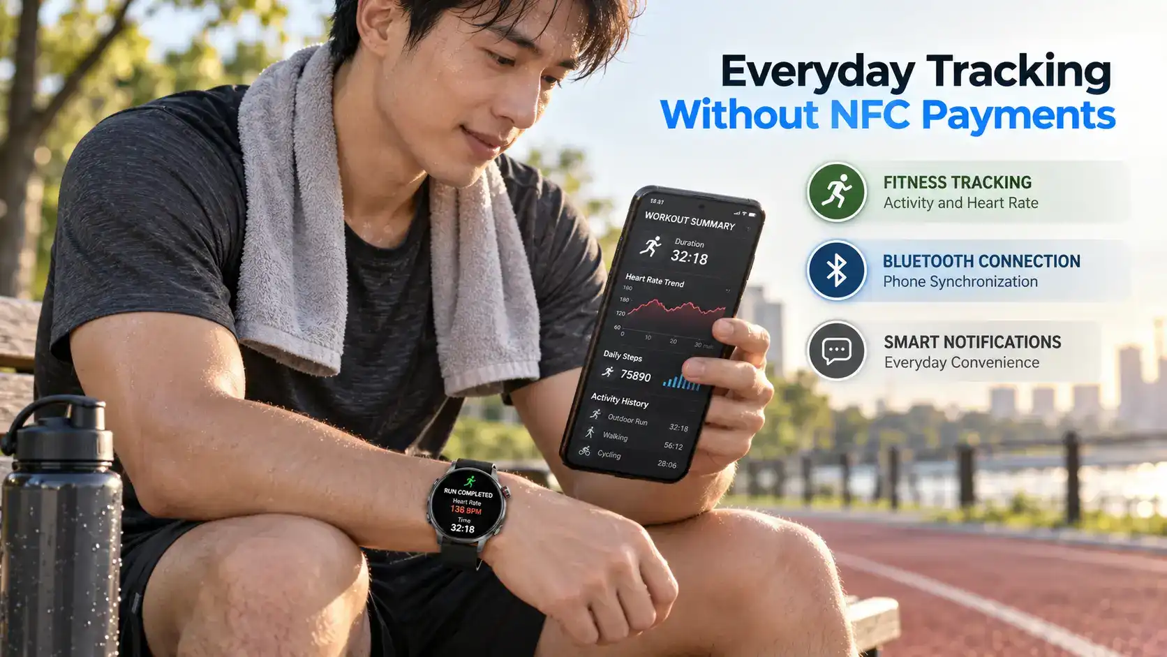 Runner reviewing fitness tracking data from a traditional smartwatch on a smartphone. Runner reviewing fitness tracking data from a traditional smartwatch on a smartphone.