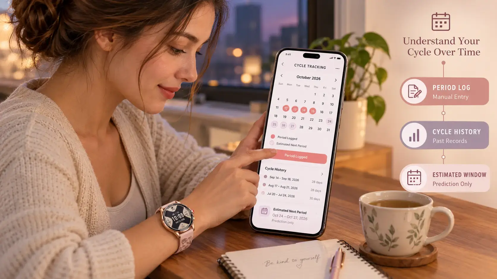 Woman recording menstrual cycle information on a smartwatch companion app. Woman recording menstrual cycle information on a smartwatch companion app.