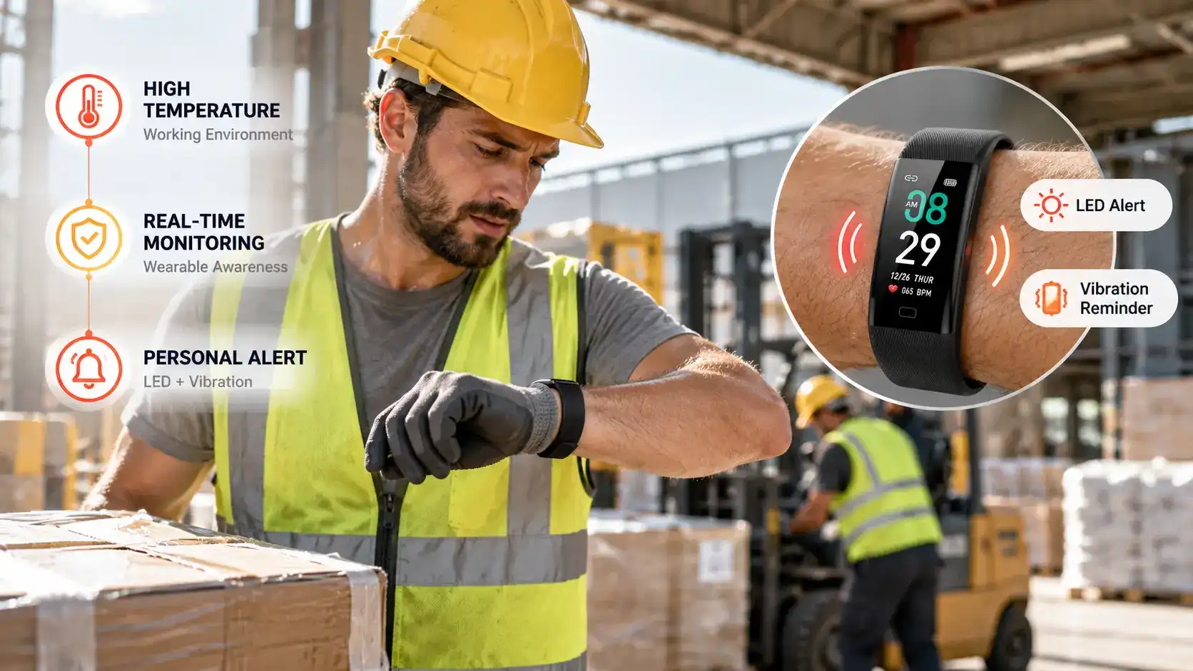 Warehouse worker noticing LED and vibration alerts from a temperature warning band. Warehouse worker noticing LED and vibration alerts from a temperature warning band.