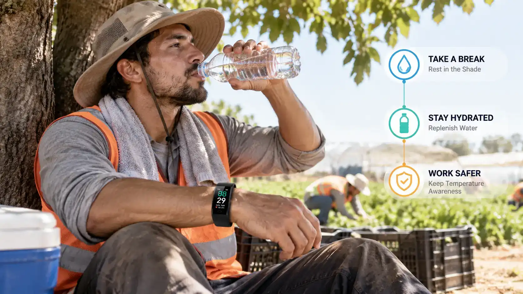 Agricultural worker resting in shade and hydrating while wearing a temperature warning band. Agricultural worker resting in shade and hydrating while wearing a temperature warning band.