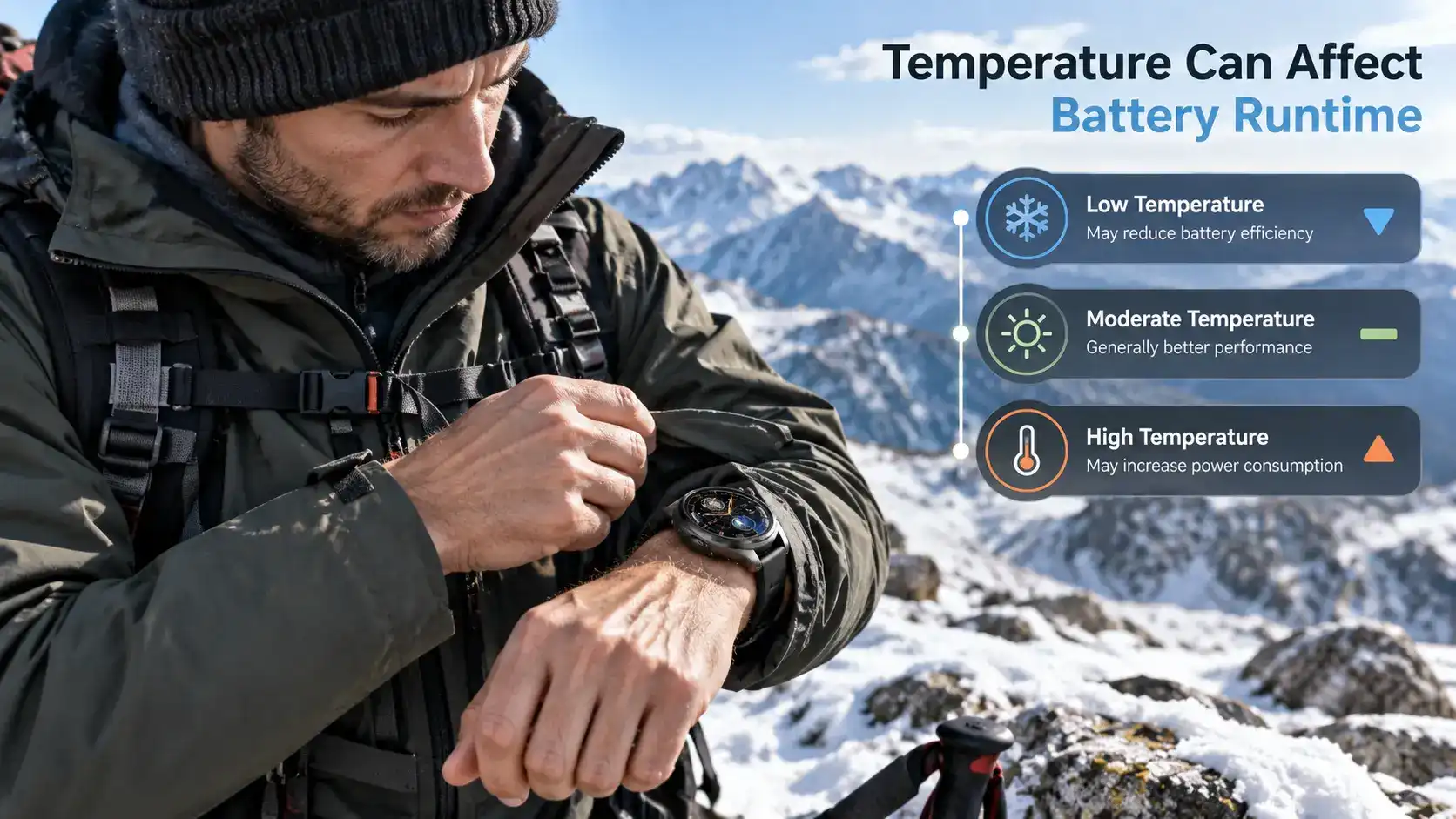 Winter hiker adjusting a jacket sleeve around an endurance smartwatch in cold mountain conditions. Winter hiker adjusting a jacket sleeve around an endurance smartwatch in cold mountain conditions.