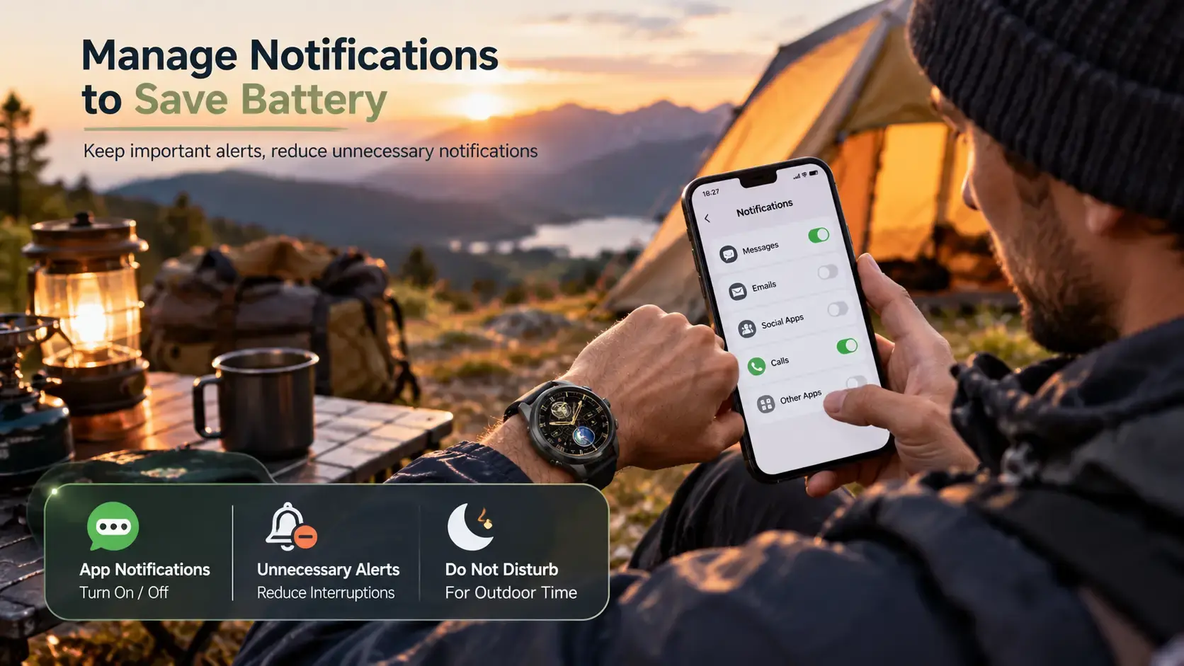 Camper adjusting smartphone notifications to manage endurance smartwatch battery use outdoors. Camper adjusting smartphone notifications to manage endurance smartwatch battery use outdoors.