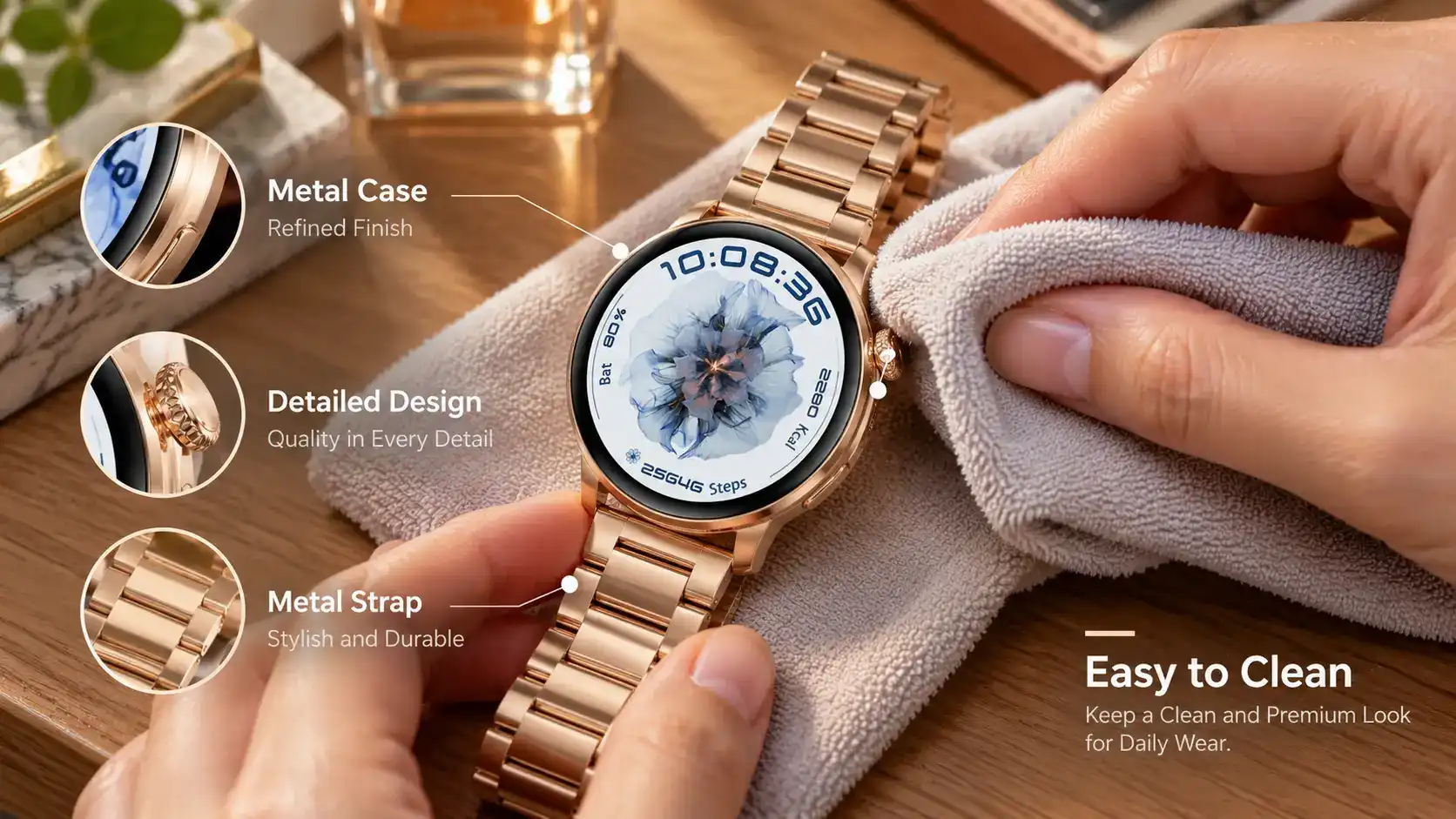 Close-up of a zinc alloy smartwatch case and leather strap being cleaned with a microfiber cloth.