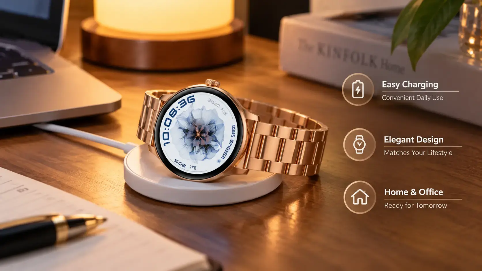 Zinc alloy smartwatch with leather strap placed on a wireless charging dock at a home desk. Zinc alloy smartwatch with leather strap placed on a wireless charging dock at a home desk.