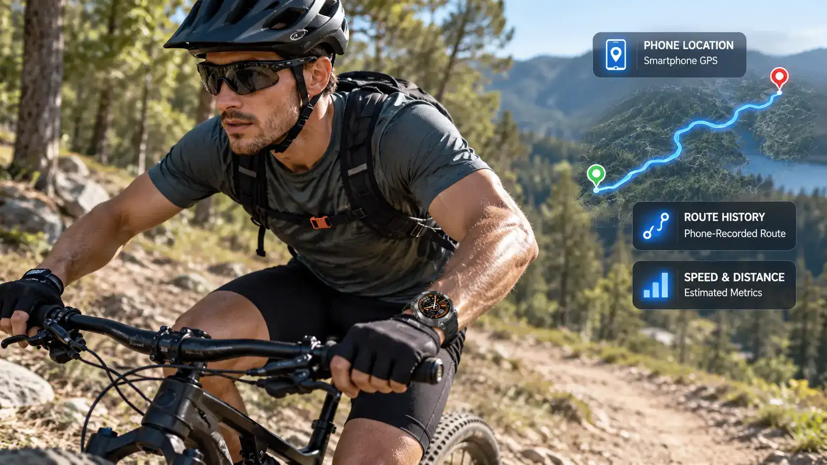 Cyclist recording route and distance data with a GPS smartwatch on a forest cycling trail.