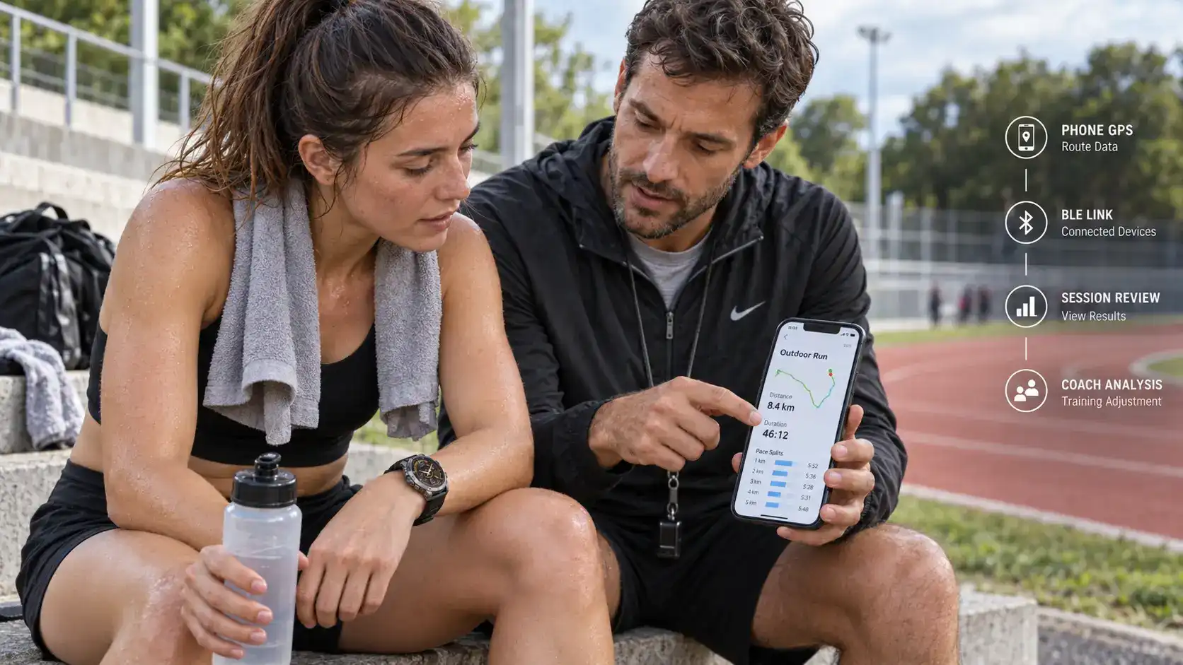 Runner and coach reviewing synced GPS smartwatch workout history and pace splits after training.