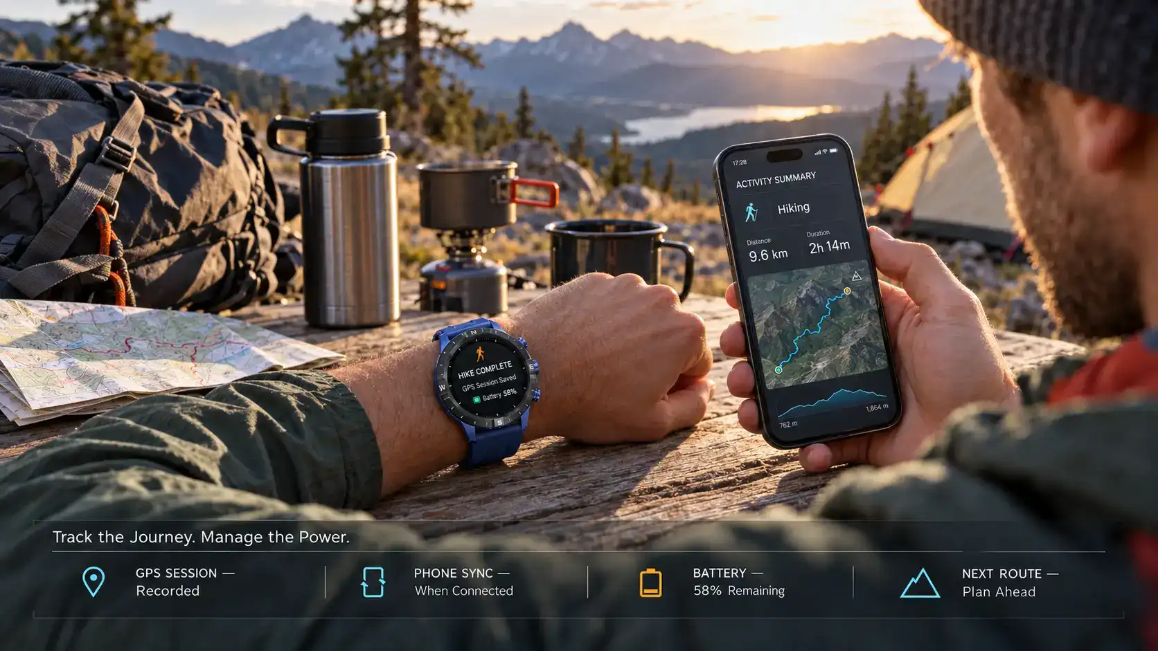 Hiker checking GPS navigation on an outdoor smartwatch at a mountain trail junction. Hiker checking GPS navigation on an outdoor smartwatch at a mountain trail junction.