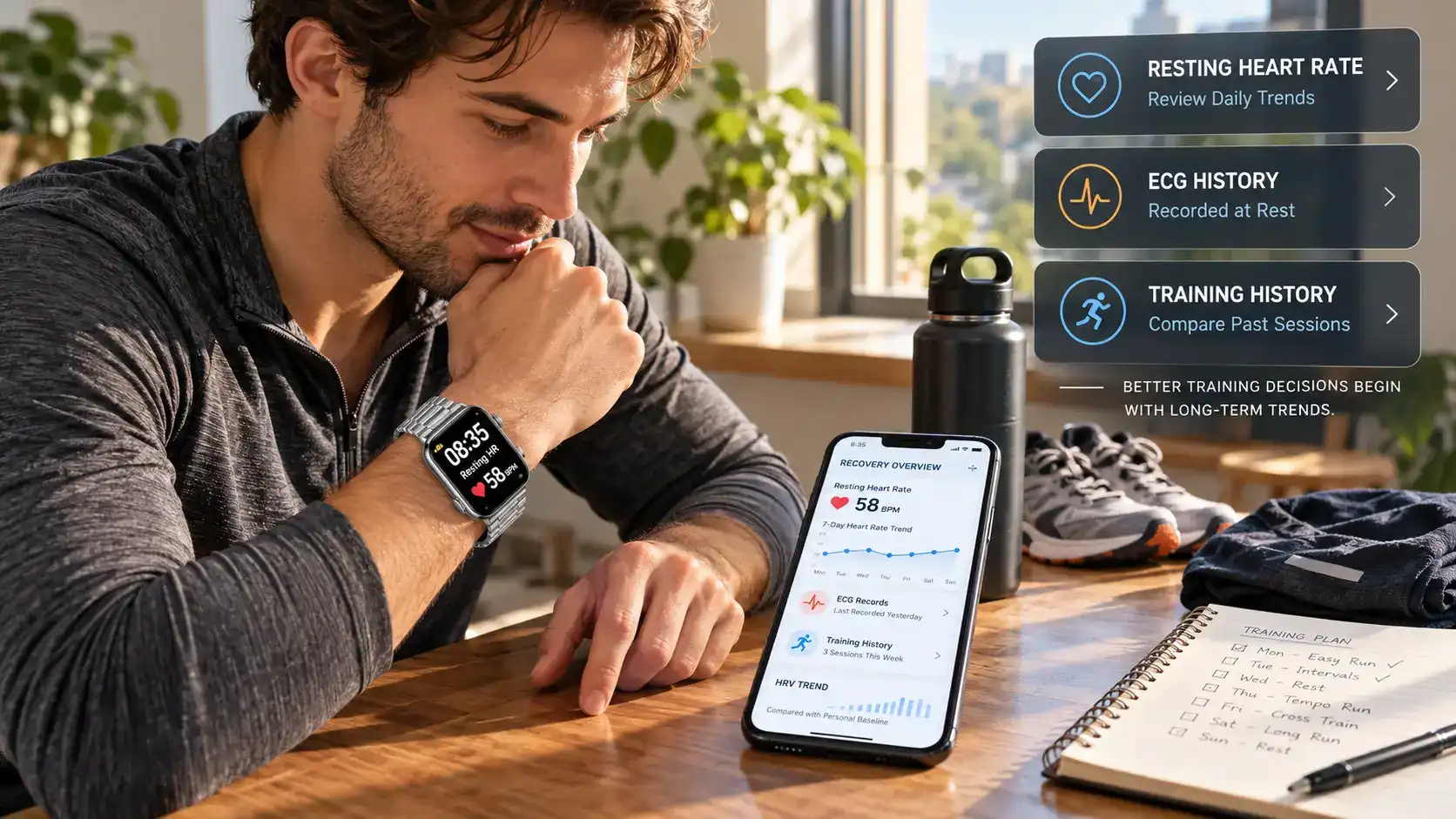 Endurance runner reviewing heart rate and workout data on an ECG sport smartwatch after outdoor training. Endurance runner reviewing heart rate and workout data on an ECG sport smartwatch after outdoor training.