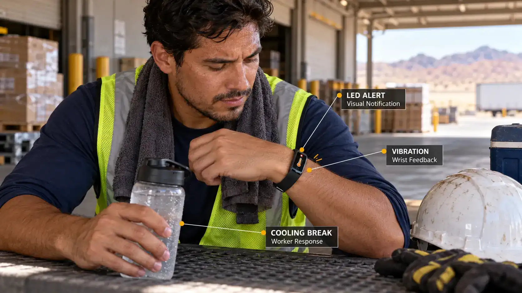 Logistics worker checking an LED temperature alert on a wearable warning band while taking a shaded cooling break.