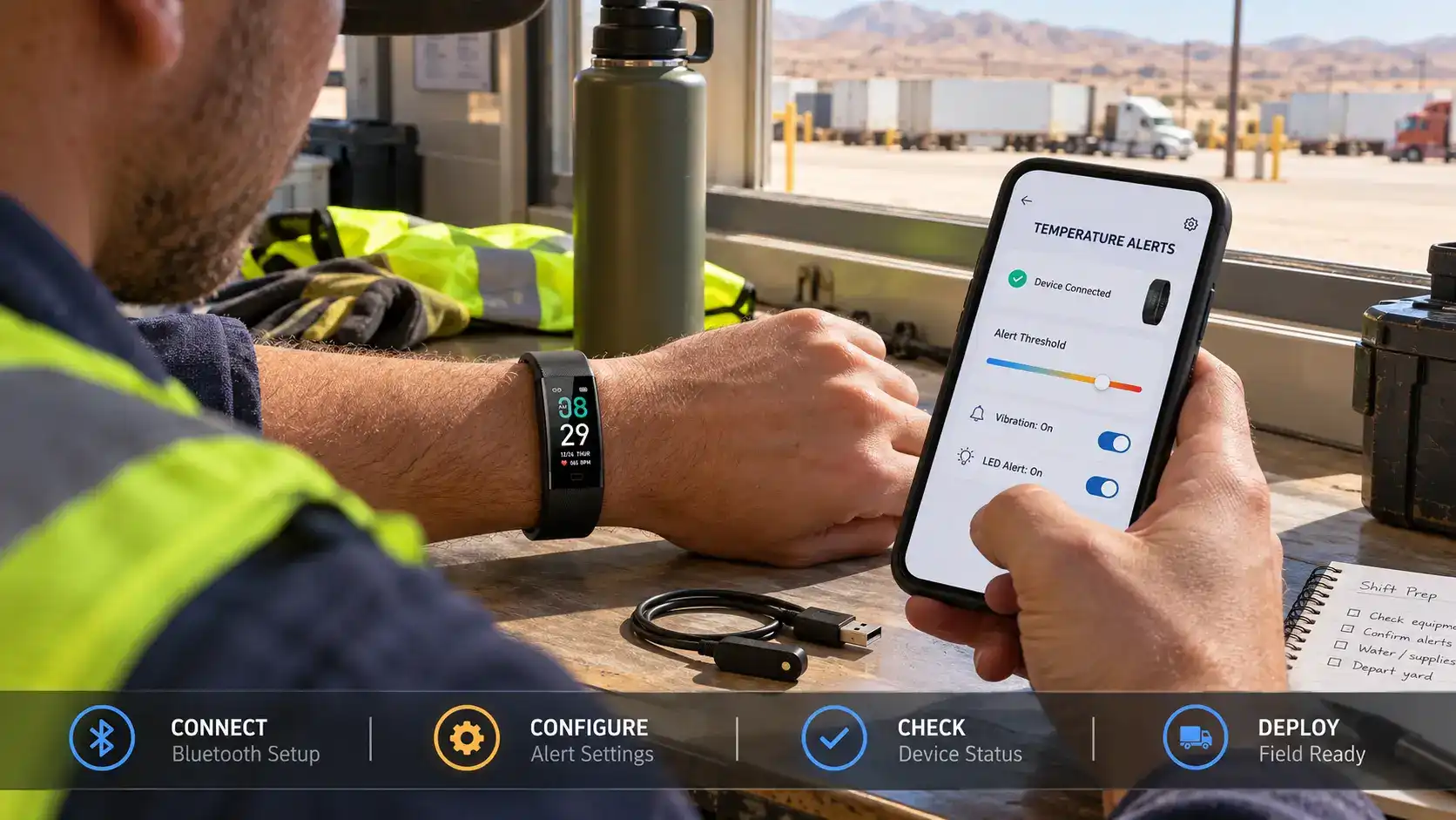 Desert logistics worker configuring high temperature warning band alert settings through a smartphone before a field shift.