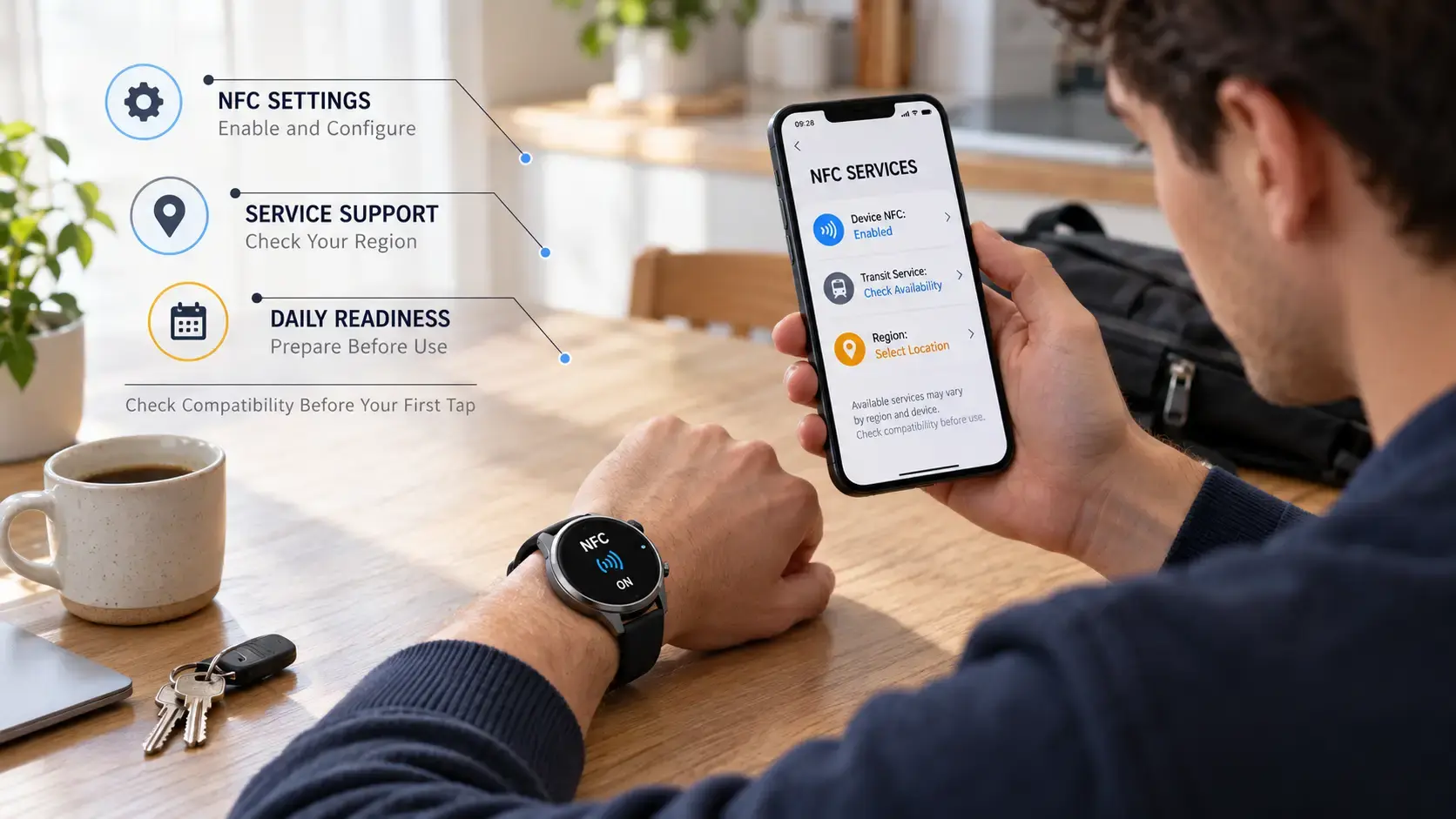 Person practicing guided breathing with an NFC smartwatch in a peaceful park. Person practicing guided breathing with an NFC smartwatch in a peaceful park.