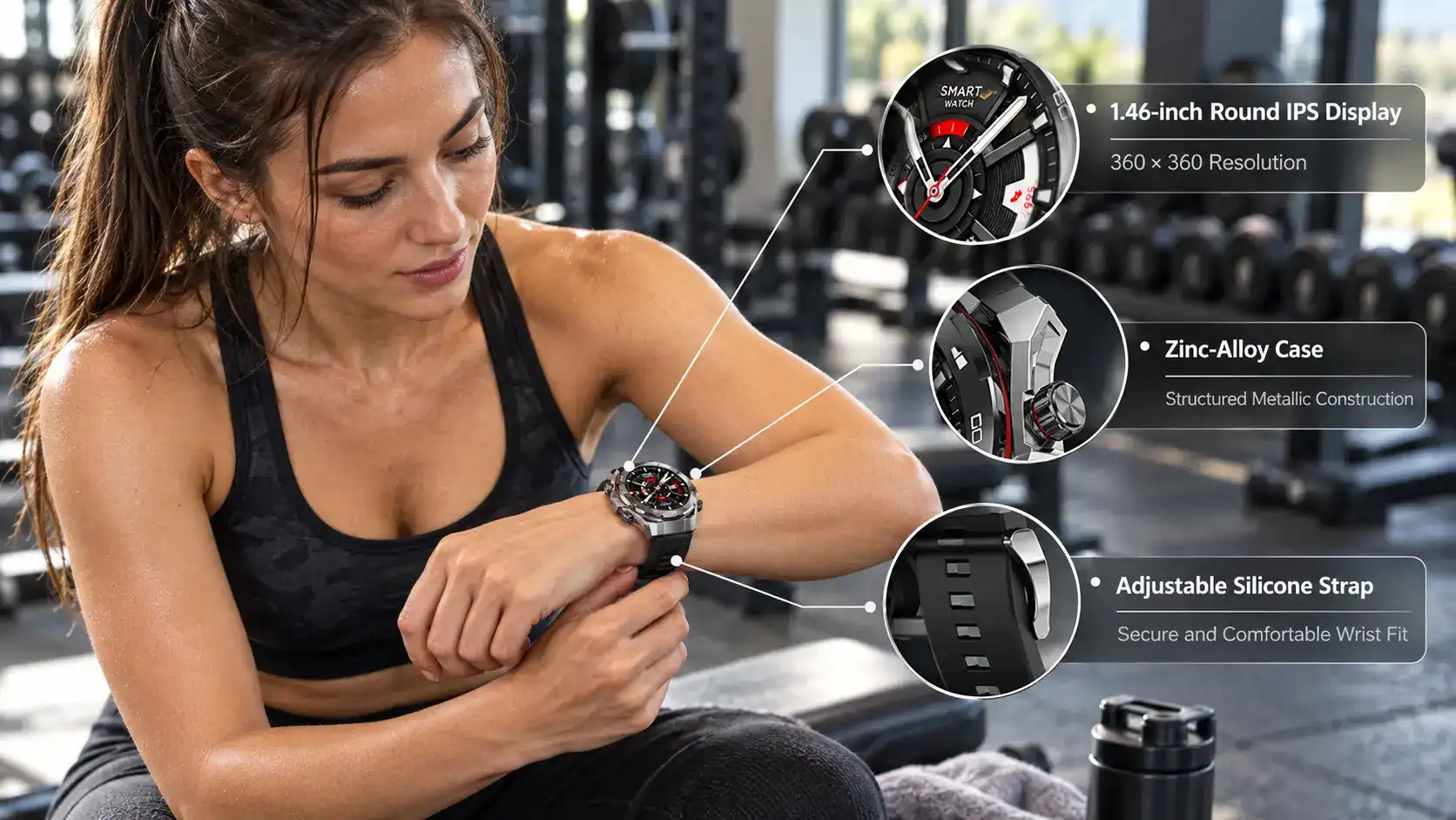 Athlete adjusting a premium sports smartwatch strap before a gym workout.