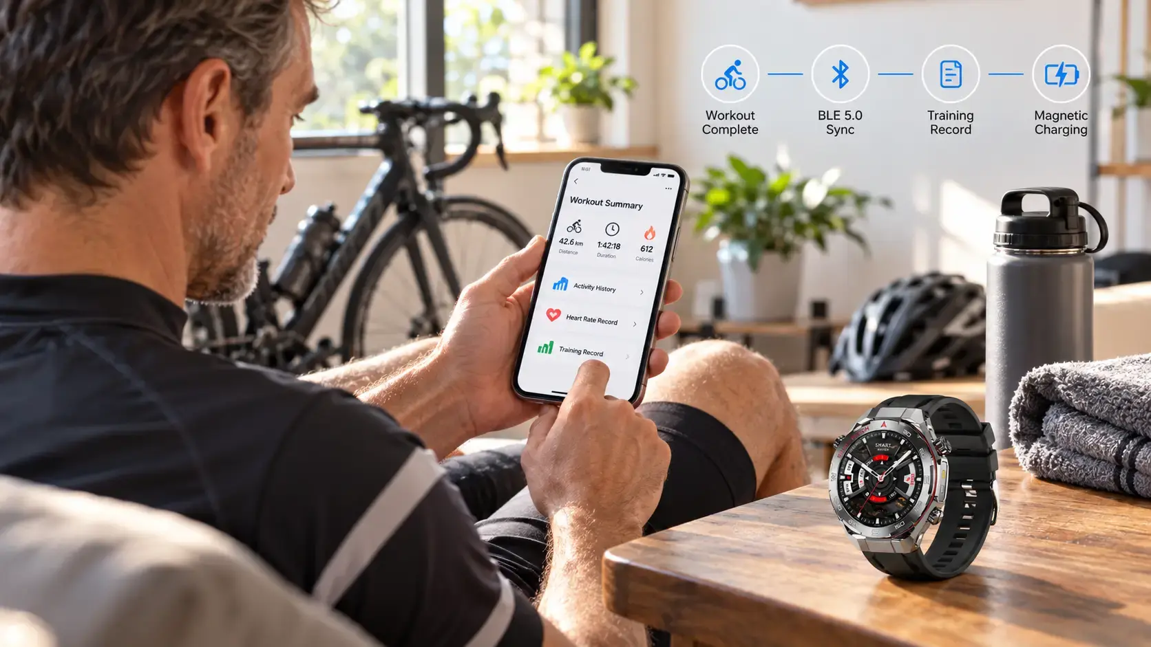 Cyclist reviewing smartwatch fitness data while the watch charges magnetically. Cyclist reviewing smartwatch fitness data while the watch charges magnetically.