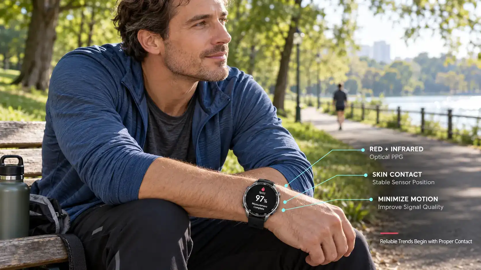 Adult resting outdoors while a smartwatch measures blood oxygen saturation. Adult resting outdoors while a smartwatch measures blood oxygen saturation.