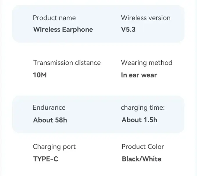 M48 Wireless Earbuds Specification M48 Wireless Earbuds Specification