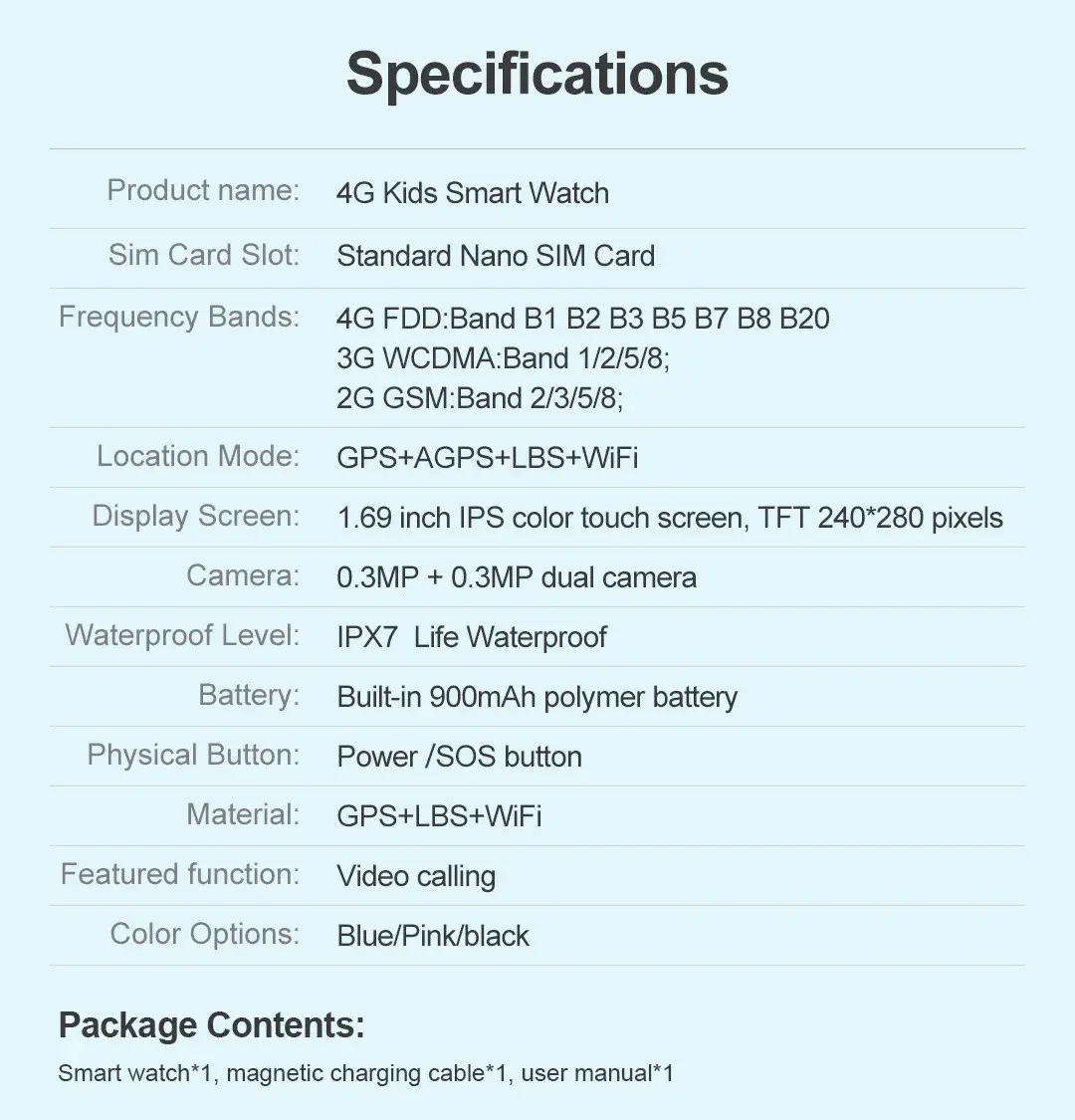 LTE Kids GPS Smartwatch specification LTE Kids GPS Smartwatch specification