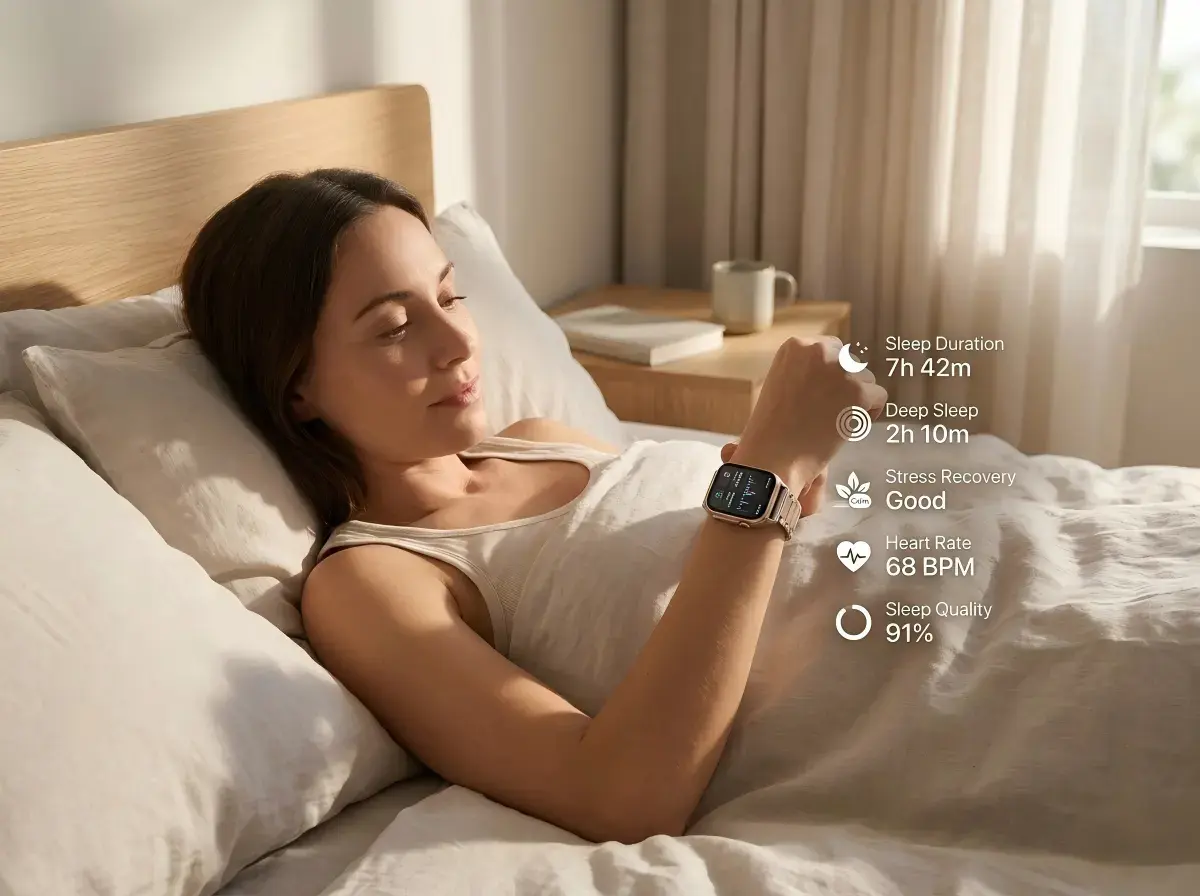 Women’s smartwatch displaying sleep quality and wellness monitoring Women’s smartwatch displaying sleep quality and wellness monitoring