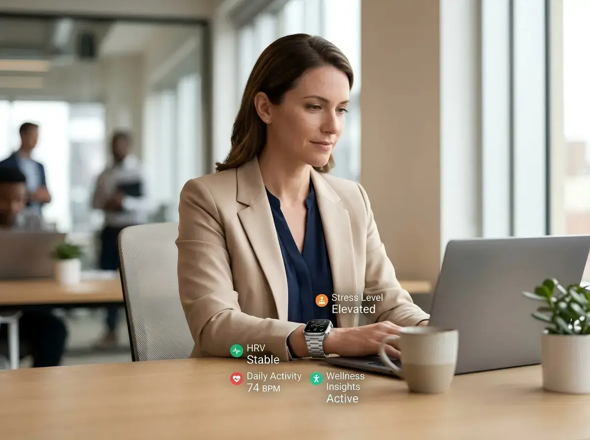 Professional woman using a mental health smartwatch for stress tracking