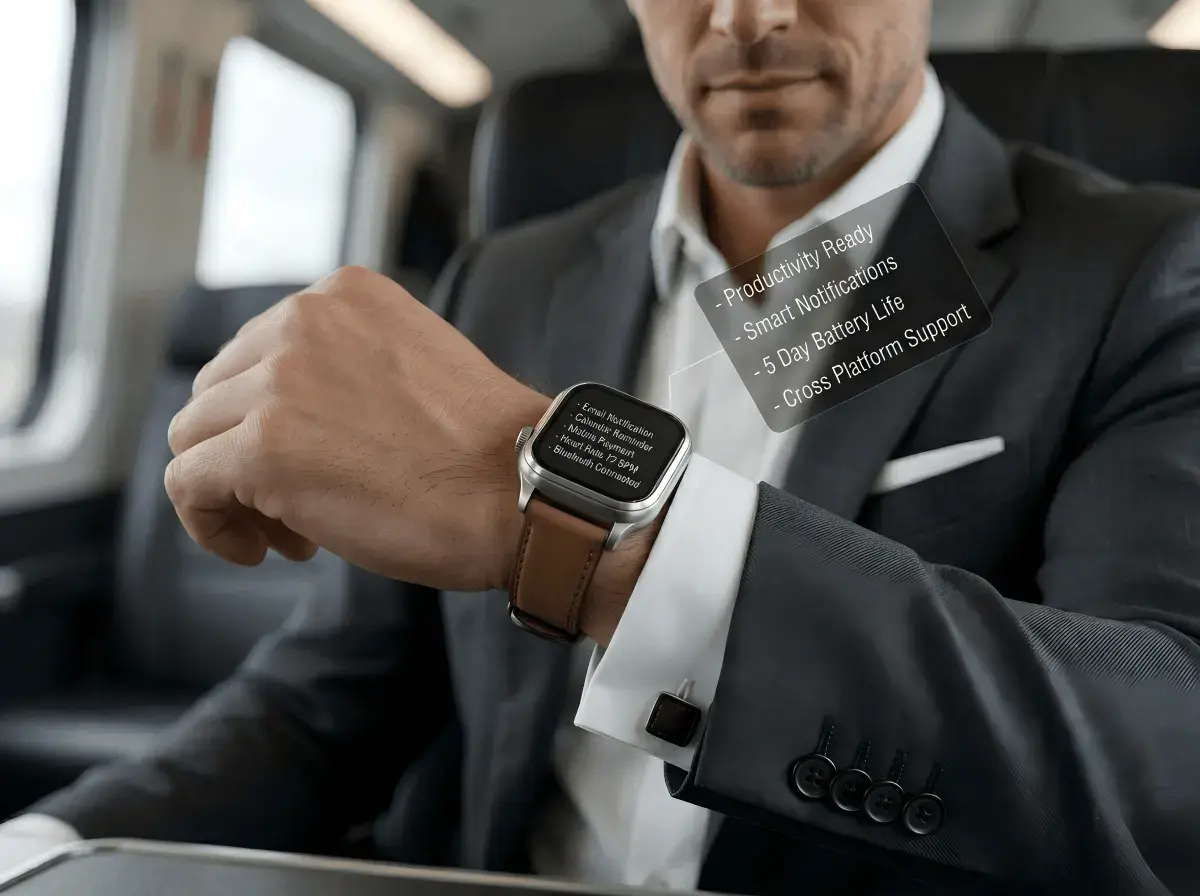 Professional using a stainless steel business smartwatch Professional using a stainless steel business smartwatch