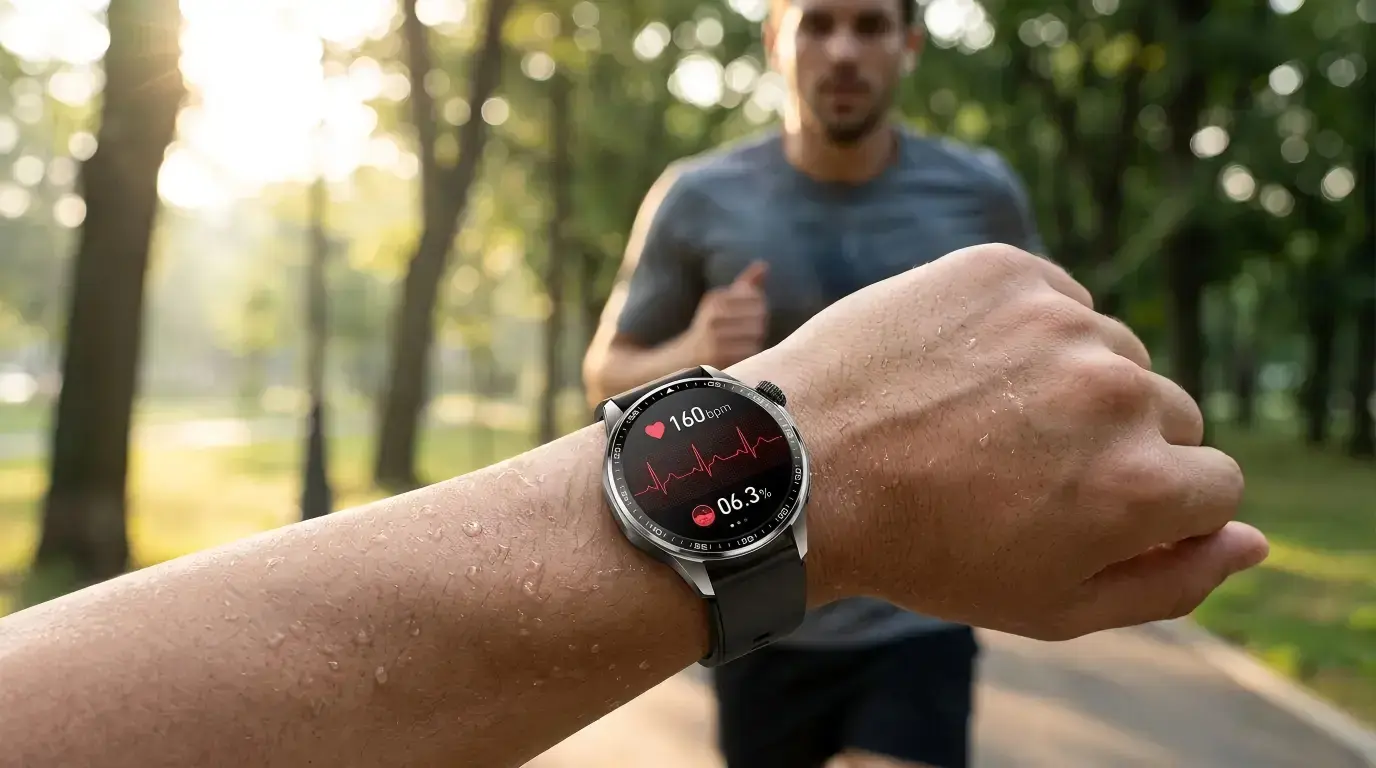 Runner tracking heart rate and blood oxygen with a smartwatch.
