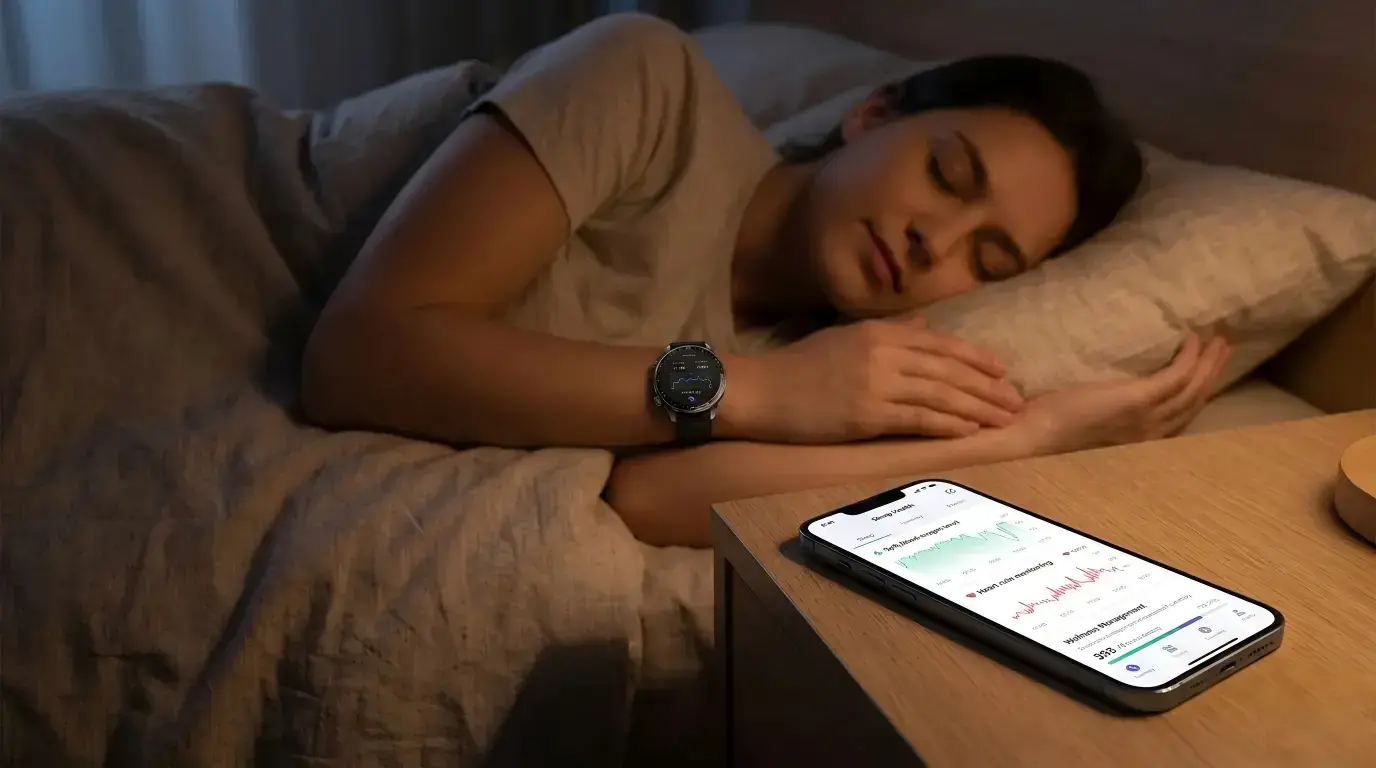 Smartwatch monitoring sleep and blood oxygen overnight.