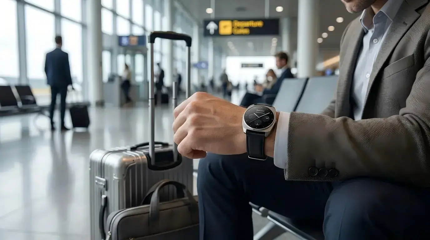 Business traveler checking a smartwatch at the airport. Business traveler checking a smartwatch at the airport.