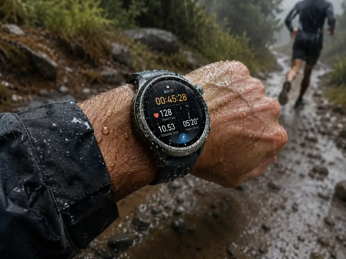 Outdoor runner using waterproof endurance smartwatch in rain