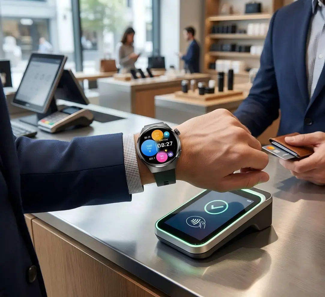 NFC smartwatch making a tap-to-pay transaction at checkout