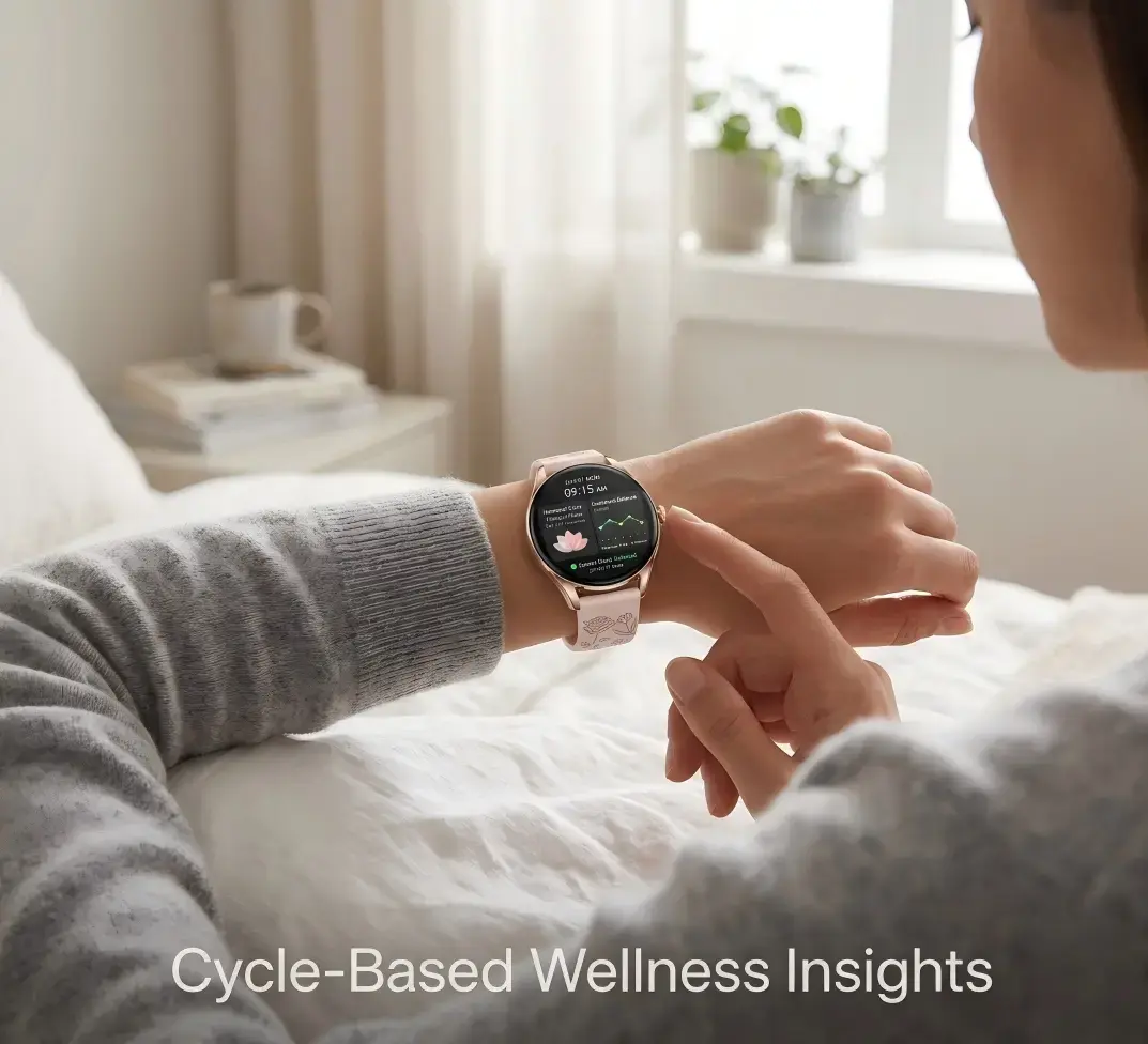 Smartwatch showing menstrual cycle and mood tracking for women’s health
