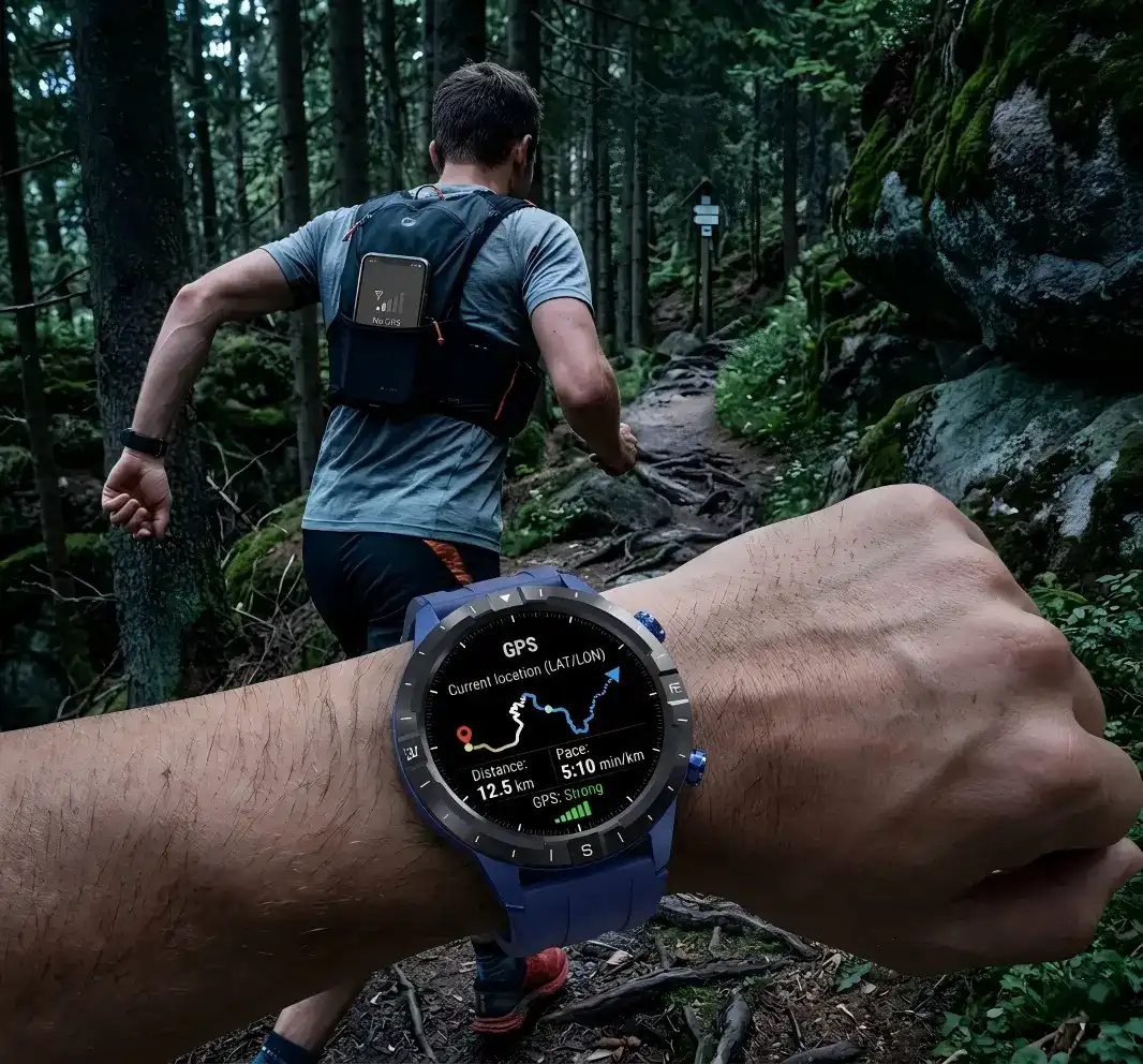 Outdoor smartwatch showing route tracking for trail running safety Outdoor smartwatch showing route tracking for trail running safety