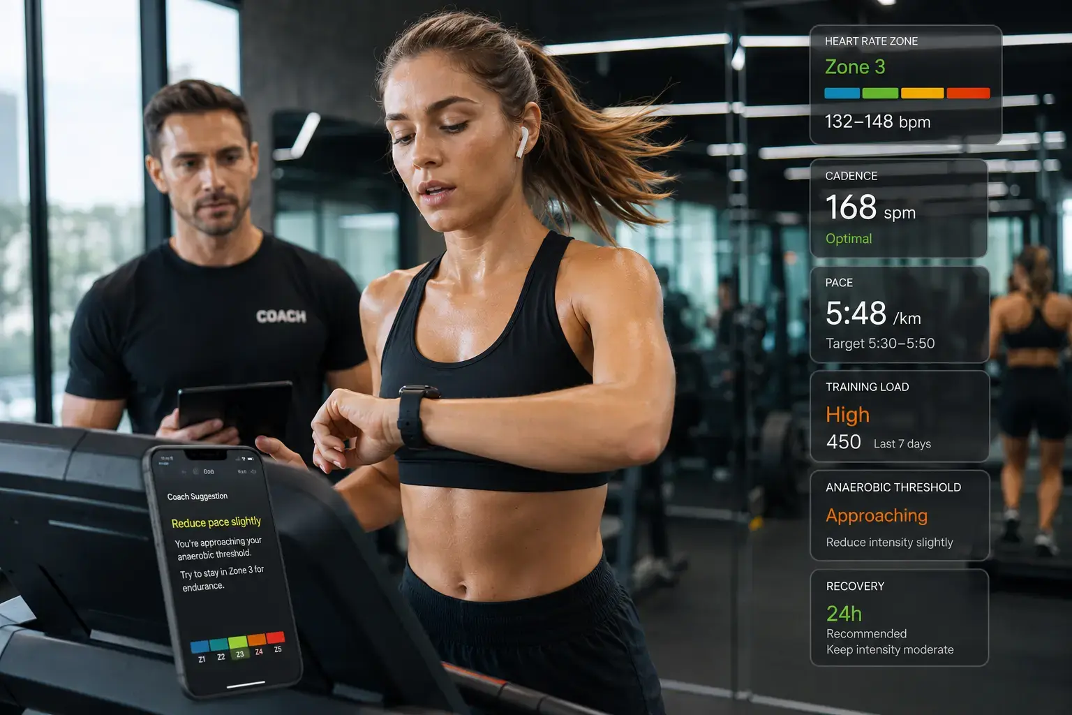 Treadmill runner using smartwatch training feedback. Treadmill runner using smartwatch training feedback.