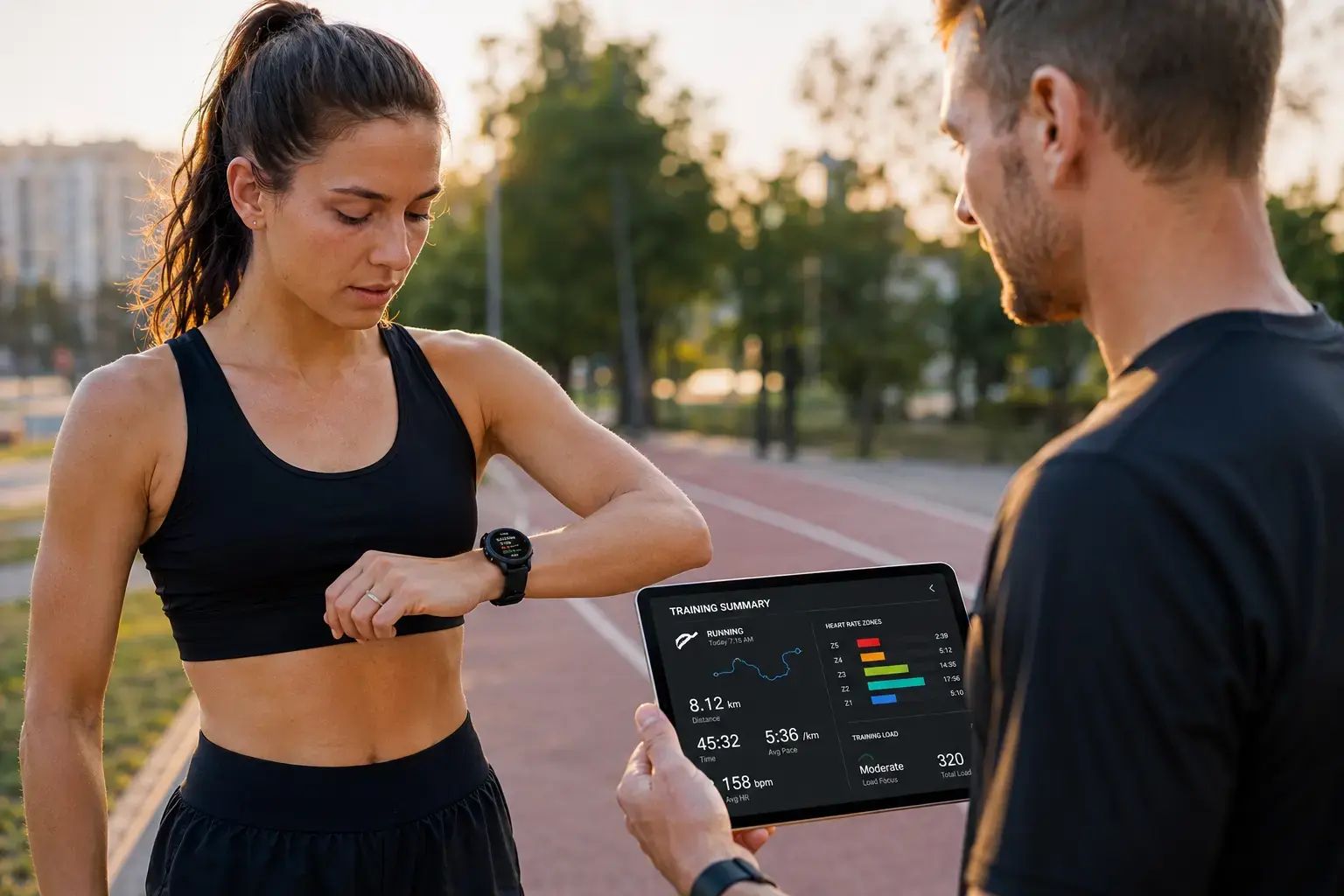 Cyclist checking recovery data on smartwatch.