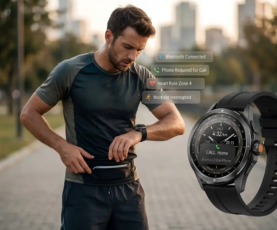 Runner reviewing fitness data on a smartwatch.