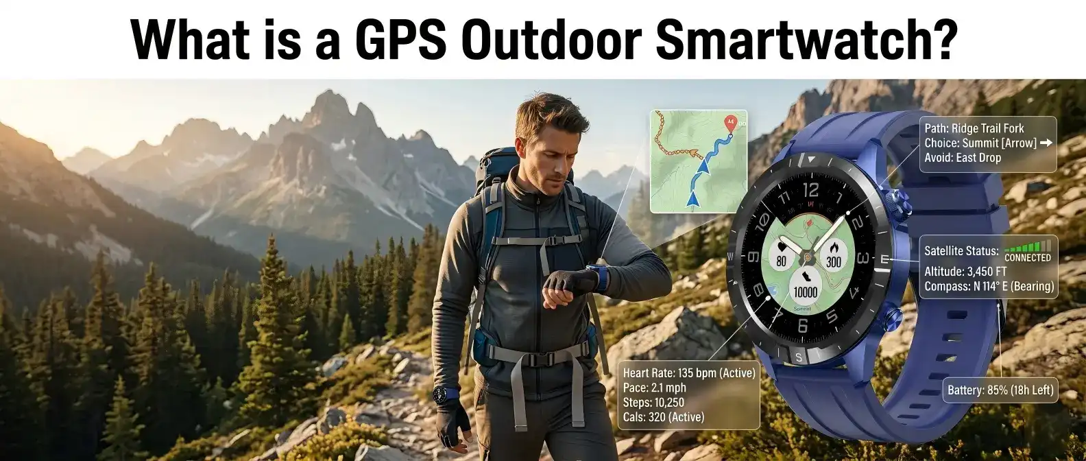 Hiker using GPS smartwatch on a mountain trail. Hiker using GPS smartwatch on a mountain trail.