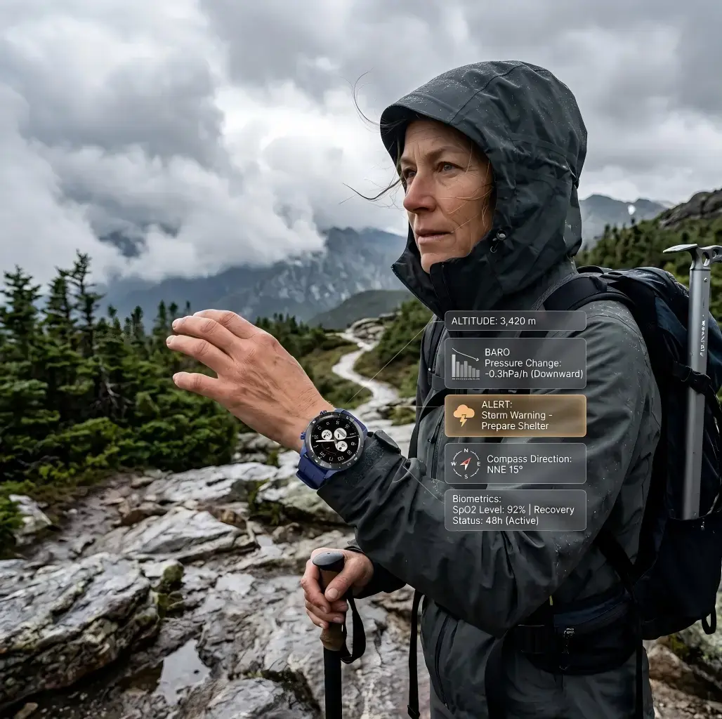 Hiker checking weather and altitude data on smartwatch. Hiker checking weather and altitude data on smartwatch.