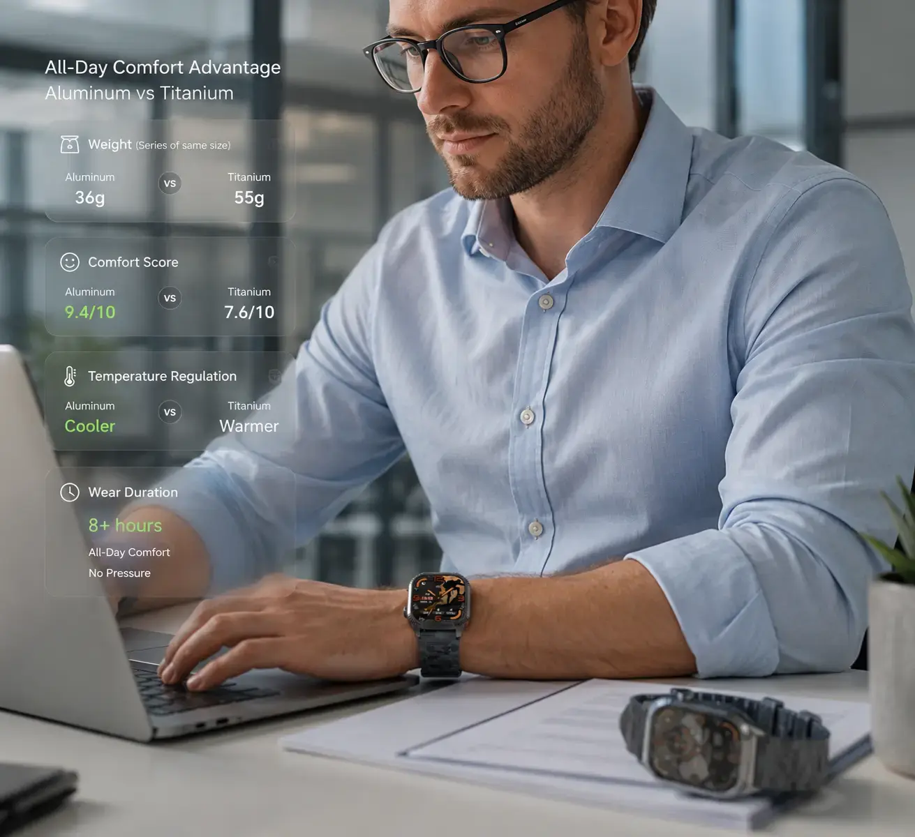 Office worker wearing lightweight smartwatch comfortably.